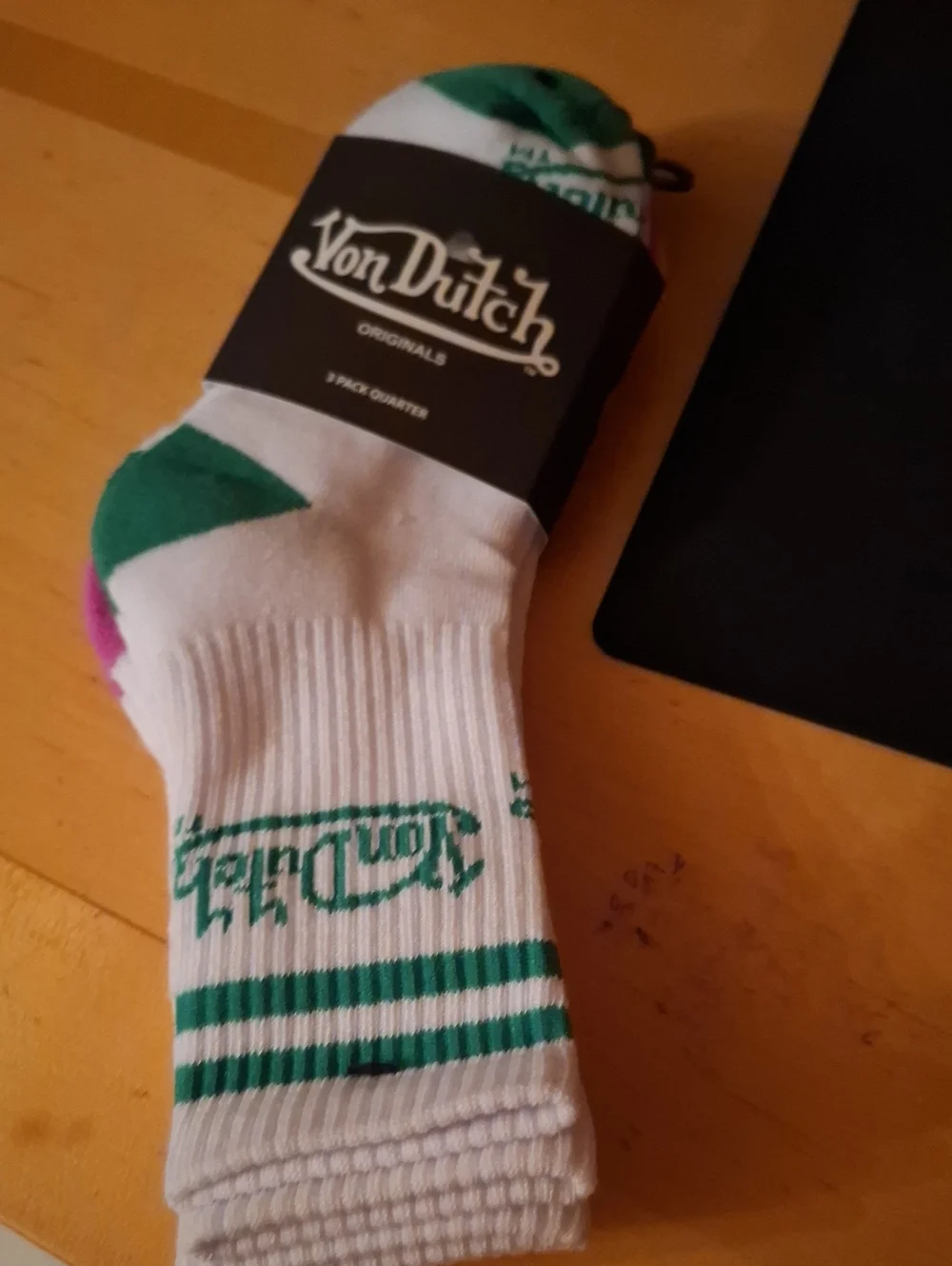 Von Dutch White Socks with Green Accent Stripes - Quarter Crew